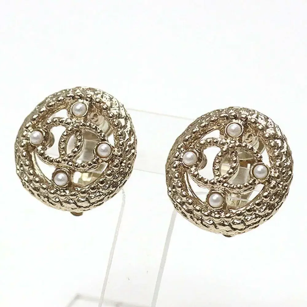 CHANEL Gold Pearl Logo Earrings